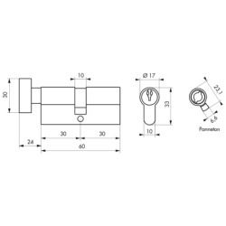 CYLINDRE BOUTON 30X30 NICKELE 3CLES